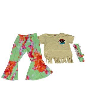 Girls Toddler 3-Piece Boho Outfit Fringe Tee Tie-Dye Bell Bottoms & Headband 3T